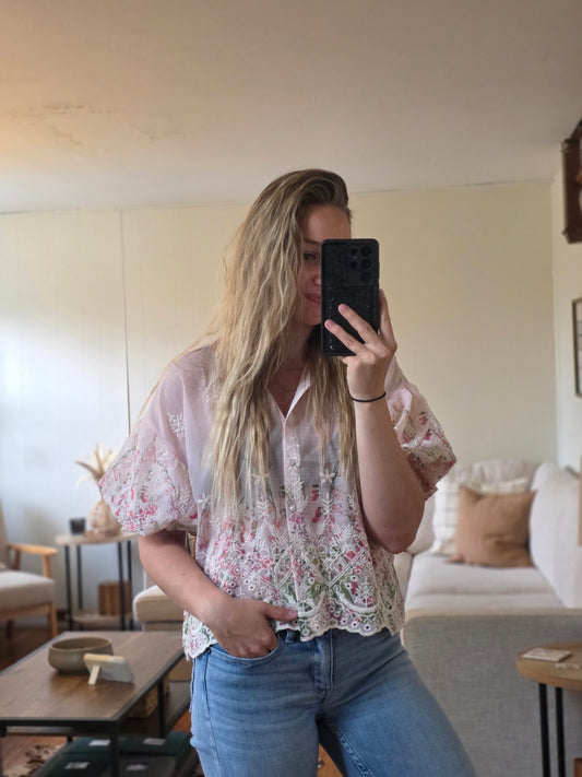 Pretty in Pink Floral Embroidered Button Down Top